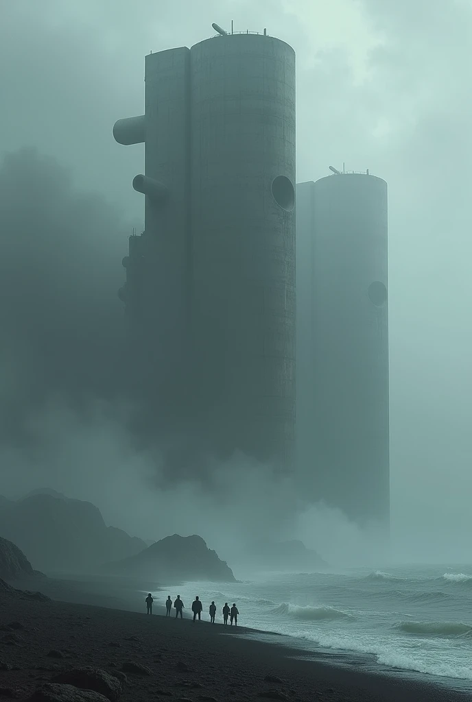 dark post-apocalyptic landscape, mysterious monumental building made of huge raw blocks, interconnected cylinders with round holes, abandoned and full of mystery, group of small dark figures on seashore, thick fog, gray stormy sea, heavy clouds, horror atm...