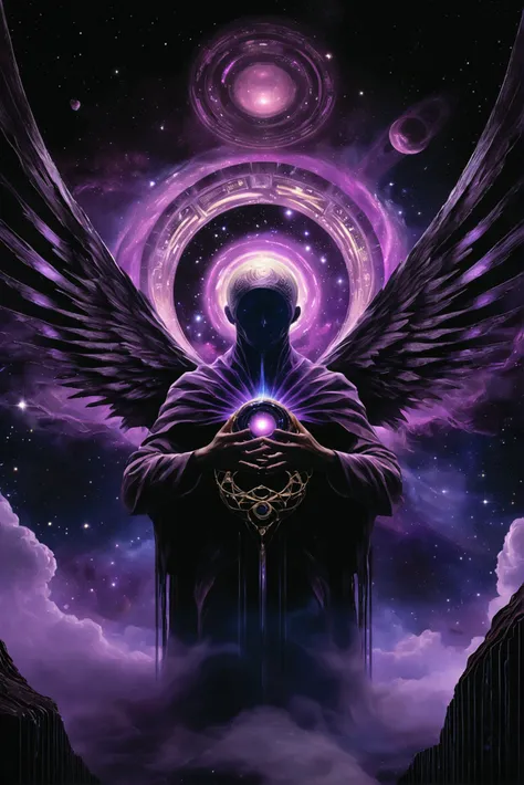 cosmic entity, ethereal violet aura, transcendental, mythical, colossal aspect, vast cosmos, holding triangular black hole, anatomically correct, precise, multiple views, depth of field, best quality, masterpiece, photorealistic, high resolution, dynamic l...