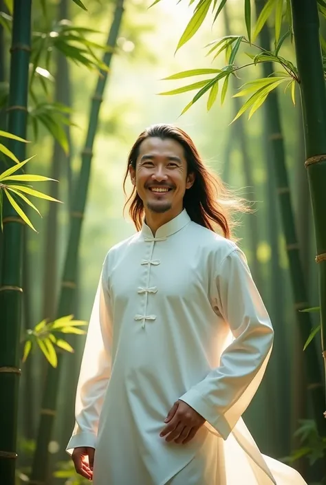 Ultra HD, 1 Full body shot of a man in a white short Chinese shirt, smile, green bamboo leaves flying around me, dynamic pose, in the green bamboo forest, , long hairstyle lighting from the front