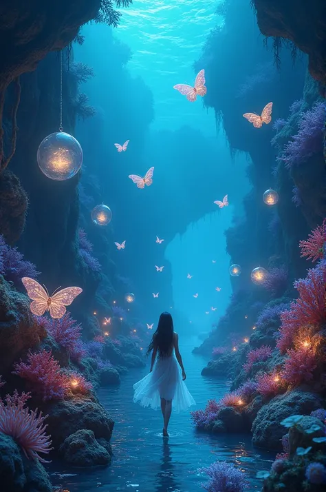 a whimsical underwater scene, bioluminescent coral reefs, sea sprite villages, luminous sea butterflies, floating bubble gardens, highly detailed, 8k, photorealistic, cinematic lighting, vibrant colors, mystical, magical, fantasy, ethereal