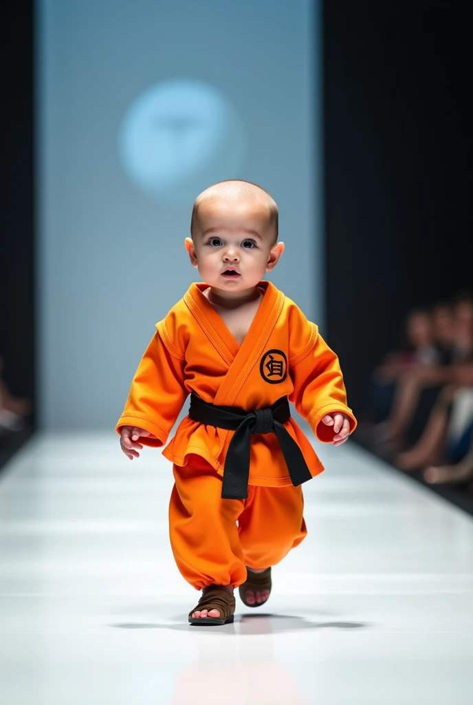 Human baby walking down the runway cosplaying as Krillin