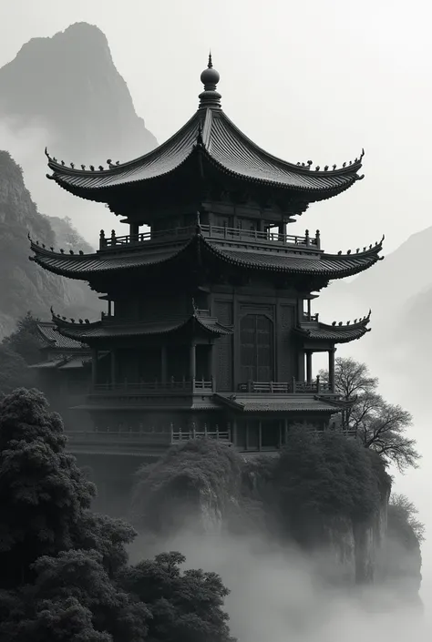 Make a completely black Chinese temple structure that looks like it was made in Chinese ink