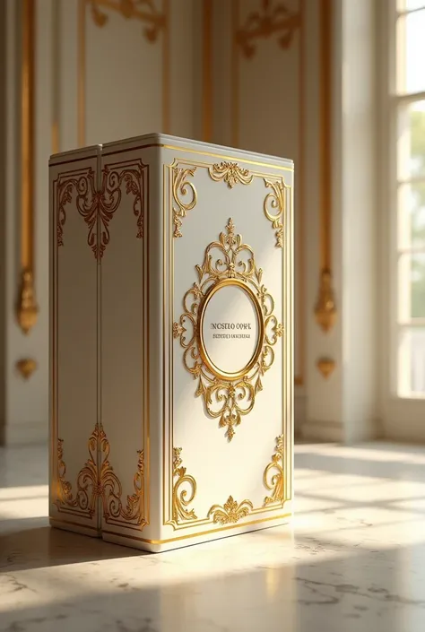 create for me a perfume with a personalized box about Baroque , modern elegant, white and gold
