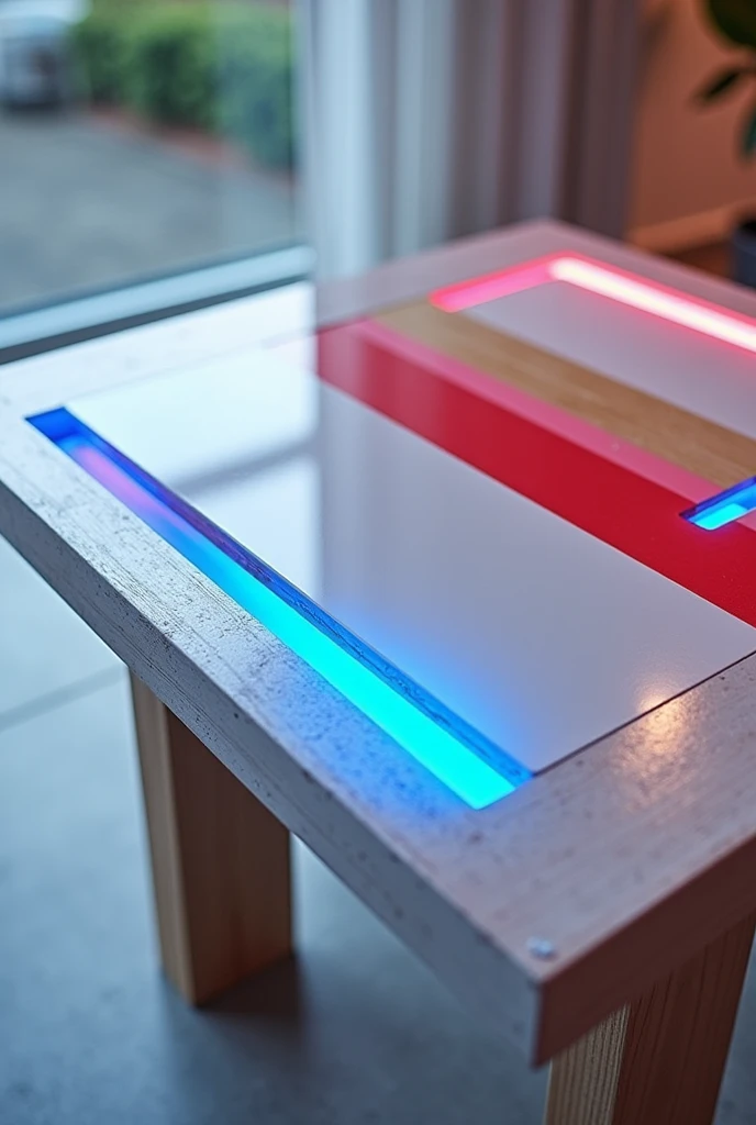 Table with built-in lights and metallic accents:

Use the white panels as a surface area, but add a distinctive touch by using blue and red stripes to create geometric lines on the surface..
Incorporate hidden lighting or place small LED lights between the...