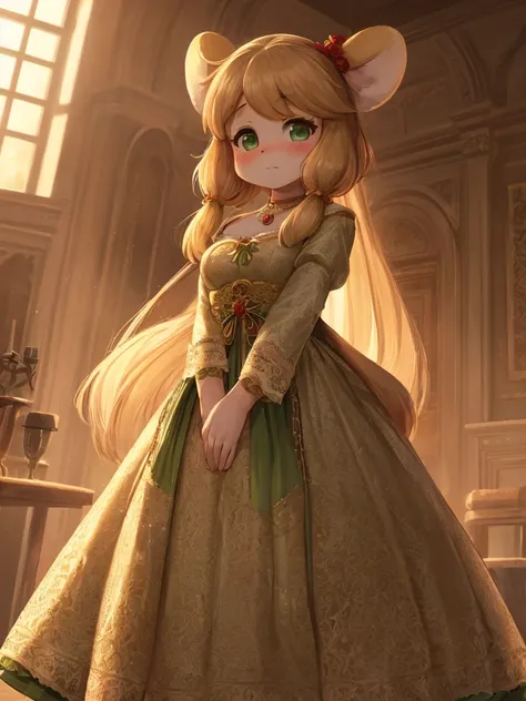 isabelle from animal crossing, light green eyes, innocent doe eyes, and long light brown hair, wearing a stunning historical gow...