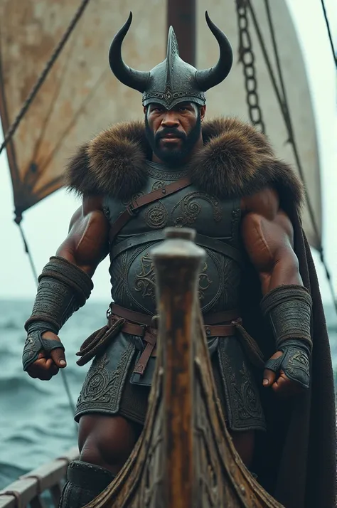 Mike Tyson dressed as a Viking at the front of a Viking ship as seen from 20 feet away