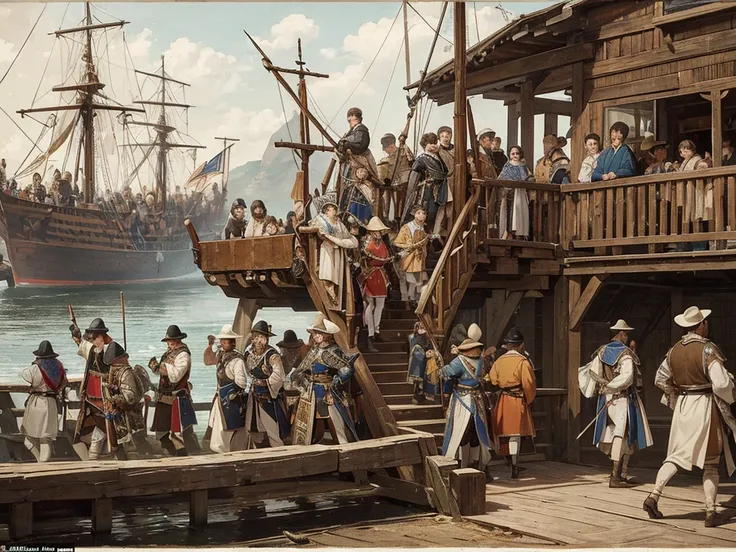 a close-up of several 16th century soldiers descending a ramp of a large wooden ship
