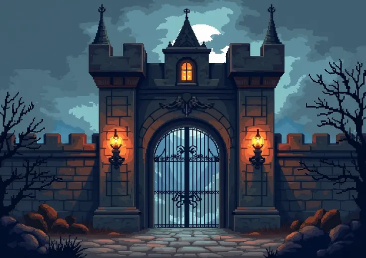 pixel art style the entry of an evil castle with old lamps and scary freatures