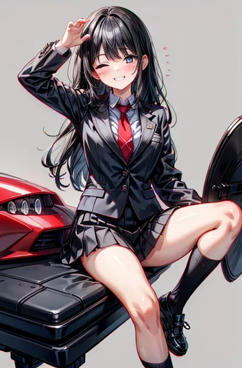 1girl, eyes, closed long black hair, grinning, black suit, red tie, immature white frilly socks, workplace background, 