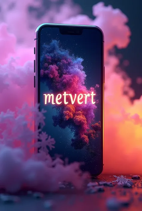 MEtVErT In ITALICS Title On a glass phone Screen colour floss on the phone screen and with a snow fluke in a background of a violet and orange smoke around the edge of the window 