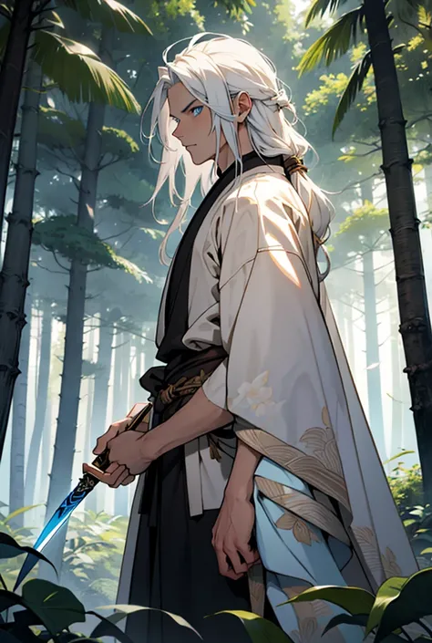 make a man with long white hair and blue eyes wearing a brown kimono holding a dagger in a forest