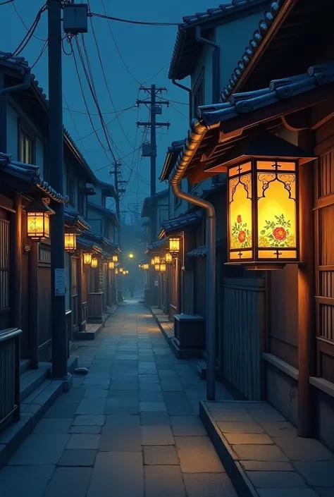 An easy-to-paint sample painting of a night sceney in Tokyo, Japan. The focus is on traditional lampshade
 