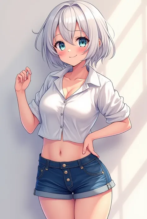 source_anime, expressivoh, Alone, wide smile, tomgirl, cute face, adult, (white hair, Short hairstyle), showing belly, small breasts without bra and perky, (shy, cute face expression, has bright blue eyes), calm pose, (wearing very short skirts and a short...