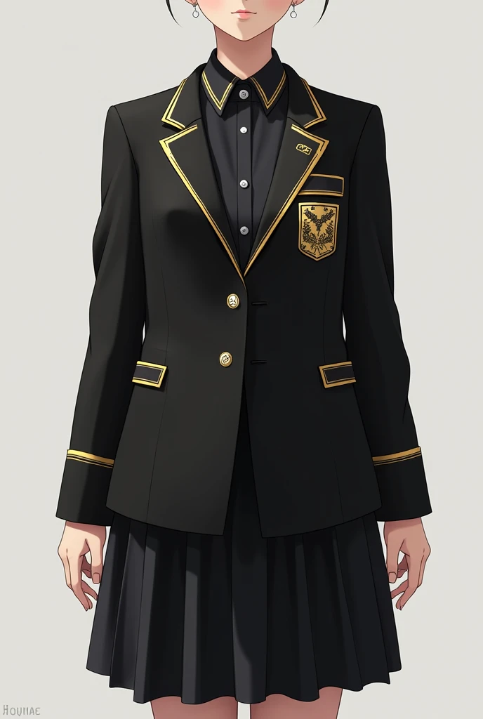 Black uniforms with gold school details that are a skirt and a shirt 