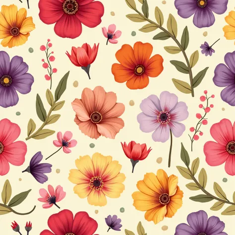 A wallpaper pattern of flowers in bright colors in a beige background.