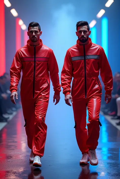 (photorealism:1.2), RONALDO AND MESSI WEARING FIRE SUITS AND WAKING IN RAMP WALK BACKGROUND IS BLUE AND RED