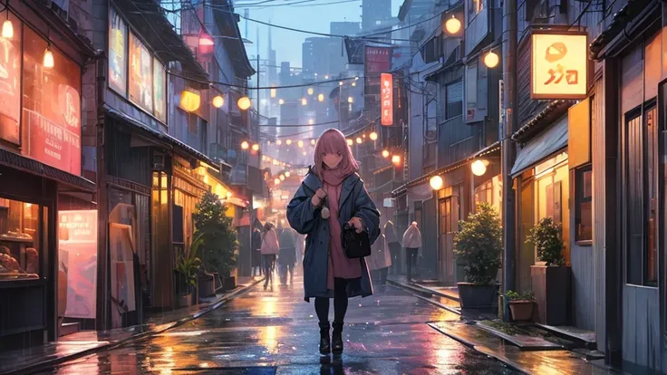 eastern village, Night rain, cozy atmosphere, slightly pink and blue environment