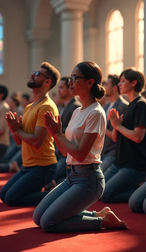 Several people in modern clothes on their knees in a worship service, a place full of people praying to God. 