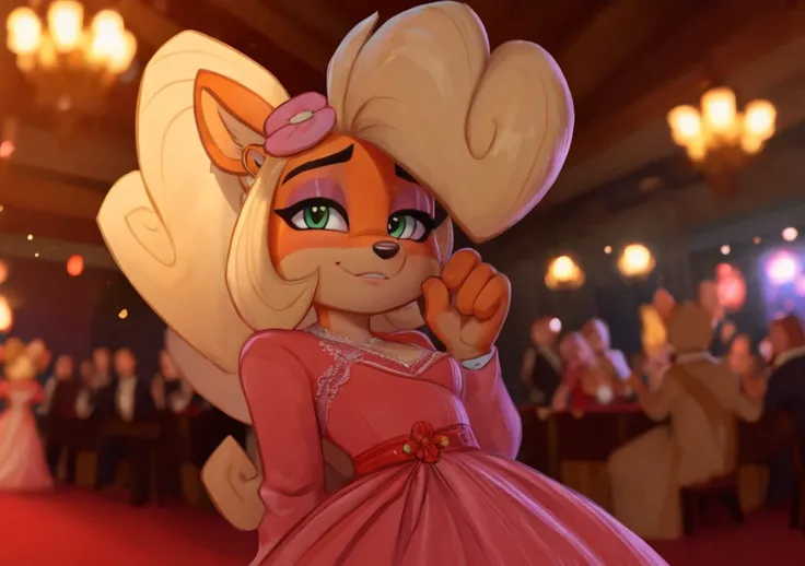 Coco bandicoot, light green eyes, innocent doe eyes, and long light brown hair, wearing a stunning historical gown with jewels and lace, standing in a ballroom, shy and blushing, high quality, masterpiece, high quality 