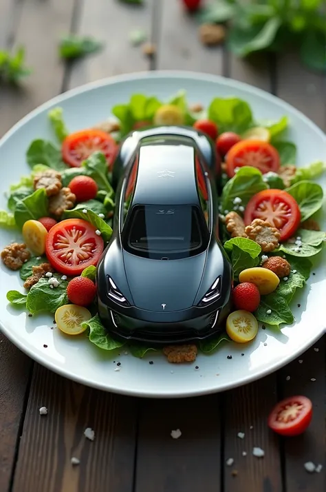 A plate with mixed salad and the Ragnarok tesla in the middle 