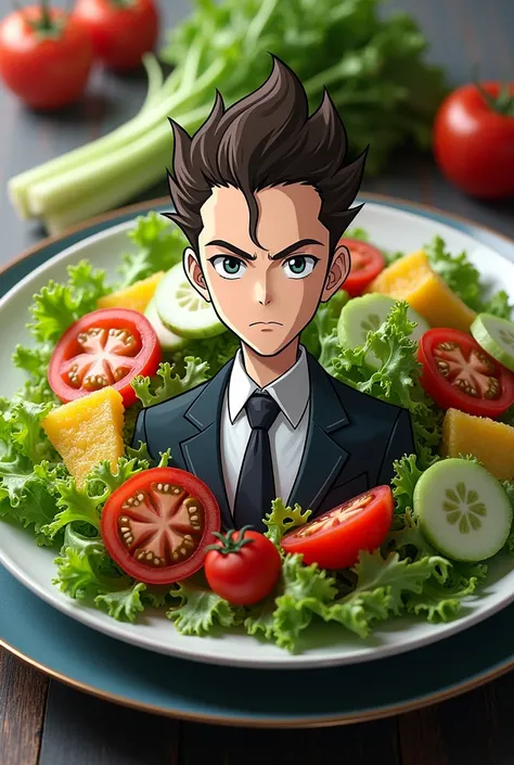 A plate with mixed salad and the character Nicolas Tesla from the anime Ragnarok in the middle 