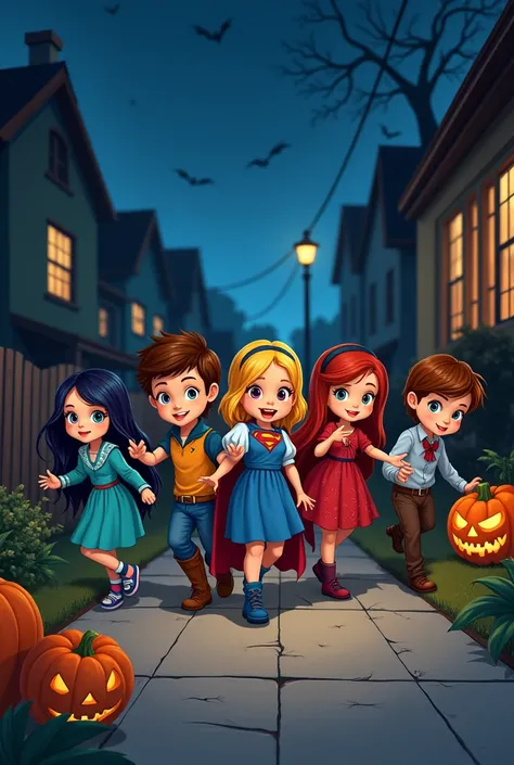 Six kids out trick or treating on Halloween night, three boys, three girls, asking for candy, classic Disney 2D art style, mischief, dark, spooky
