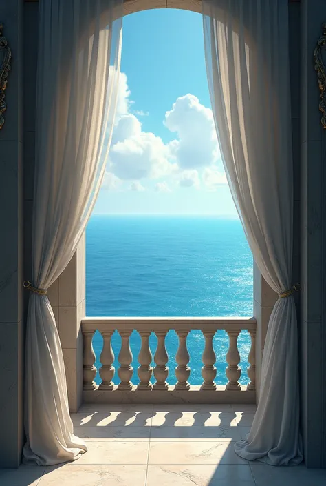 Balcony of a castle with curtains facing the sea without people 
