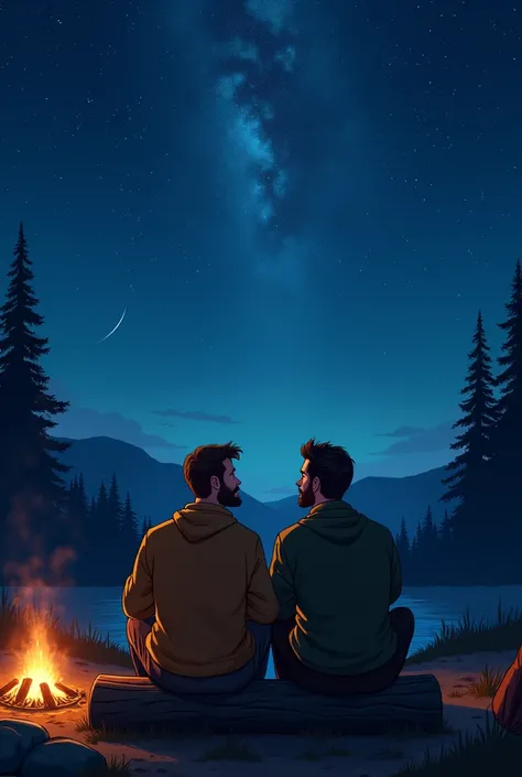 Two male friends sitting at a campsite looking at the stars 