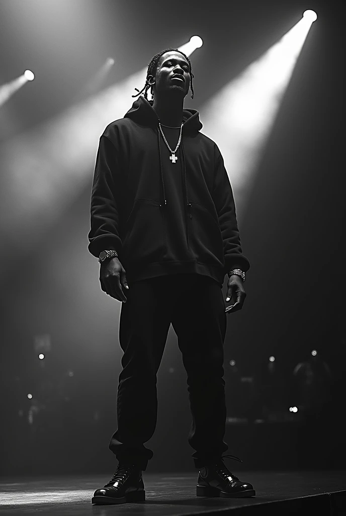 draw a picture of travis scott on stage draw the picture in black and white
