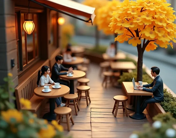 a miniature realistic cafe diorama set on a cafe table, overhead view, cafe terrace with autumn ginkgo trees, young couple in love, busty waitress in short skirt serving coffee, businessman using laptop, intricate details, 4k, photorealistic, highly detail...