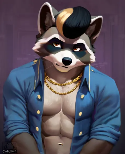 Art of a fursona face Raccoon, white, negro, in Pompadour hairstyle, wearing a half-open shirt with a gold chain, abs on the body, model pose, stopped, at night in low background lighting in 2d.