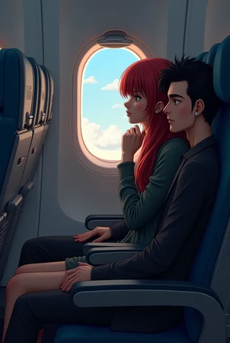 A pensive redhead girl and a serious 2 black haired guy sitting in their airplane seats next to each other 2D