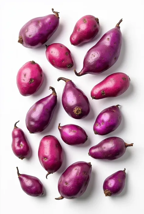 It generates the image of a wrapper similar to that of Lays potatoes., but of the native potatoes tiyapuy. Let the background be white and the potatoes purple and pink and they are all over the wrapper., but they have spaces between them 