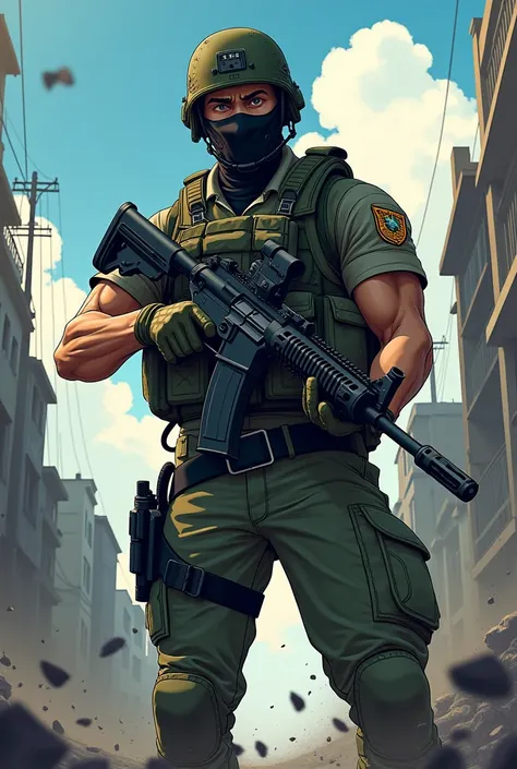 Brazilian soldier, holding a 762 , with mask , in anime 