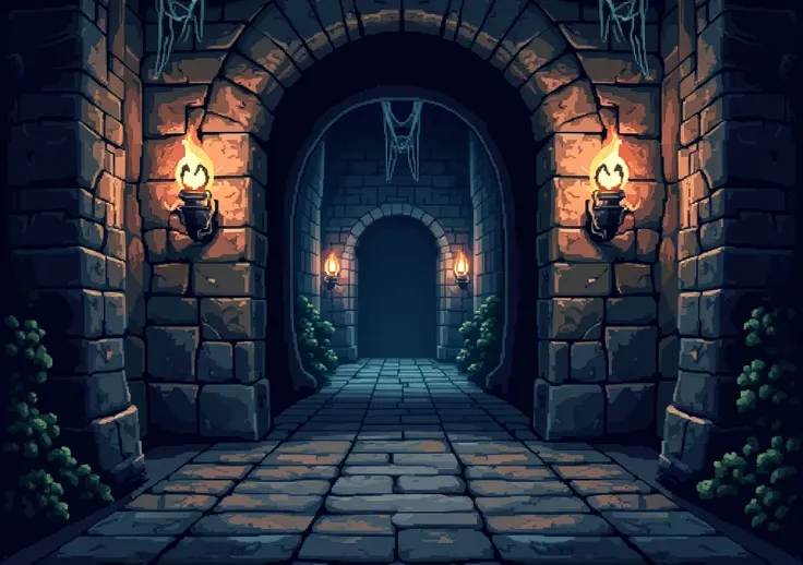 pixel art style the entry of  hallway in an super evil castle with old lamps, webs and VERY scary freatures