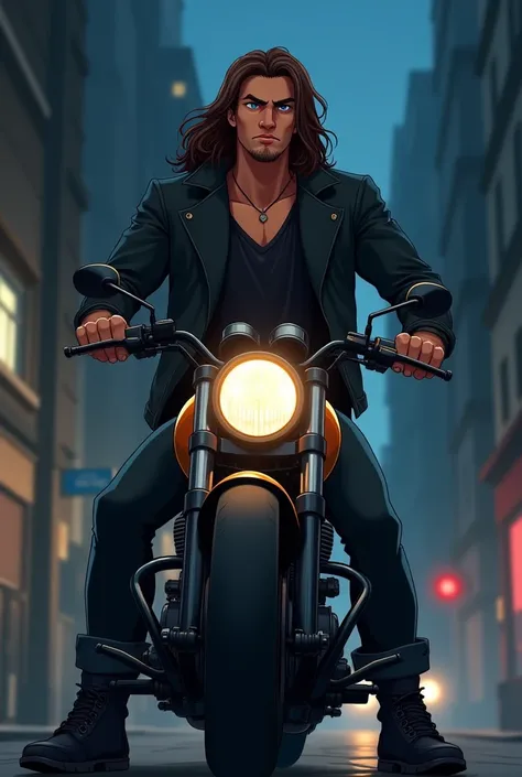 Imagen animada de caricatura de Hombre joven muy varonil muy handsome de veinte años de cuerpo completo con chamarra y pantalón negros  en una calle muy  oscura montado en una motocicleta,.handsome, with a normal face and chiseled features, no beard and wh...