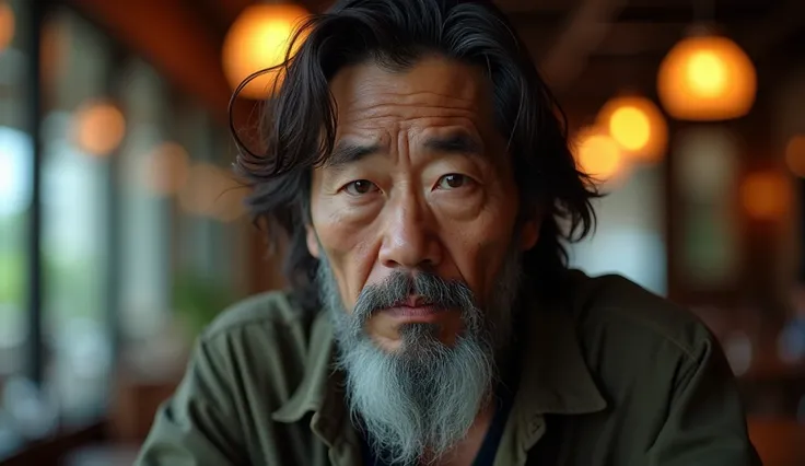 Ultra-realistic portrait of a 50-year-old Asian Japanese man, the main subject of the photo. He must have brown eyes and dark brown dyed hair, large and unkempt, his face has a dyed beard, large and unkempt. He has a haggard and sad expression, looking dir...