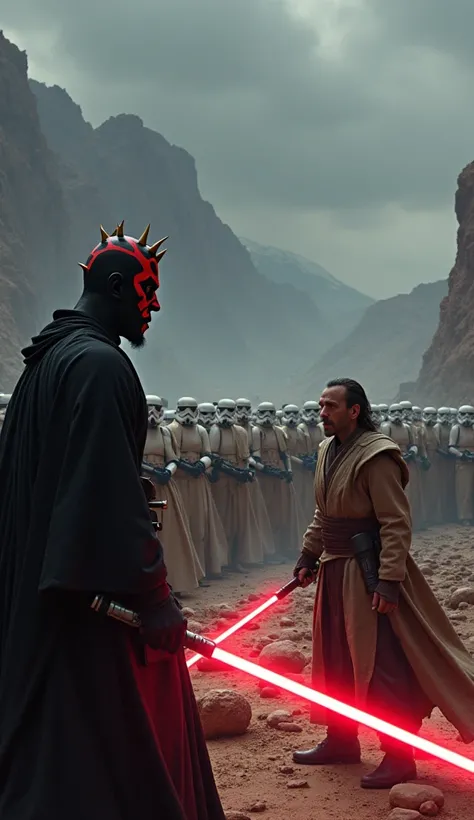 Darth Maul faces the viewer, holding a single glowing red double-bladed lightsaber and leading an army of stormtroopers. The 3D rendering depicts in faithful detail a Jedi earning the respect of his soldiers on a vast, rugged battlefield against a dark, om...