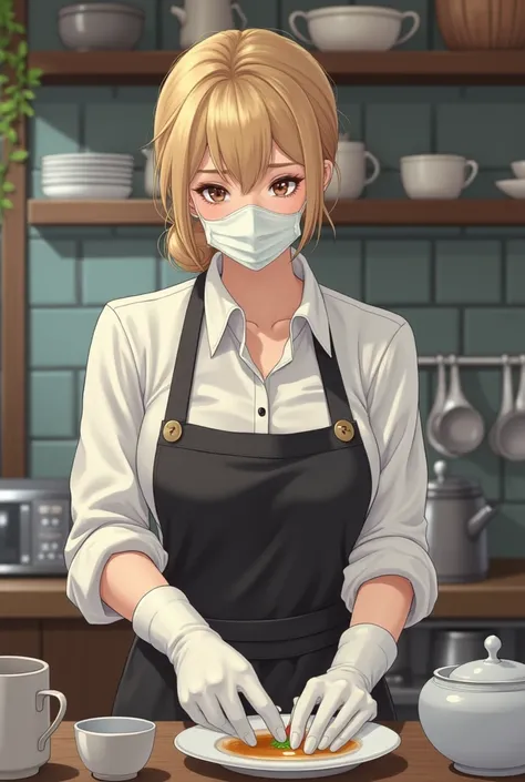 Japanese beautiful young woman hostess makeup apron、Rubber gloves mask dishwashing gloves woman blonde, 