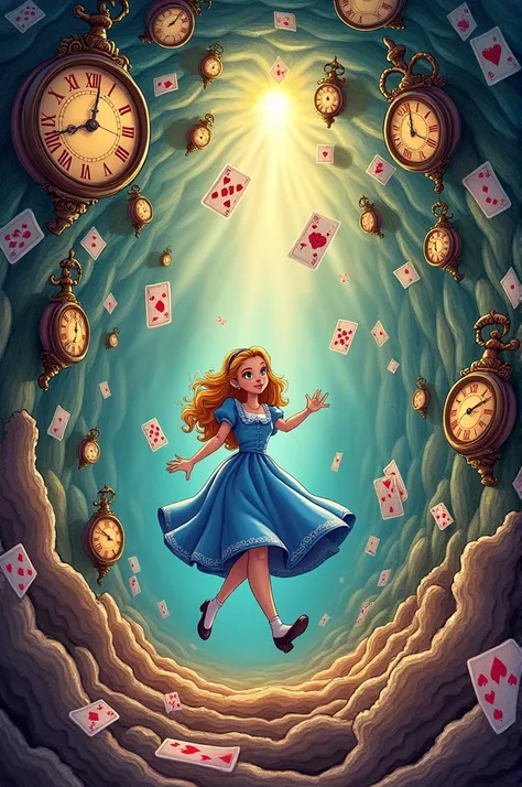 Make a simple drawing of Alice falling down the rabbit hole, surrounded by clocks and playing cards.
