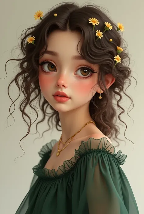 a brunette girl in a dark green dress, the girl with curly hair and several little flowers in her hair, wearing a golden sandal. A has small, slanted, dark brown eyes., SHE IS NOT ASIAN, she has a big mouth and a cute little nose 