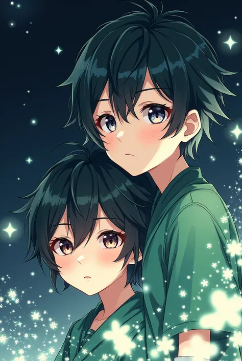 (best quality, masterpiece), a 2 man, galaxy, glitter, green clothing particle, wind, flower, upper body, dark simple background, looking at viewer, dark hair, anime looking, facing front, poker face, genshin impact style