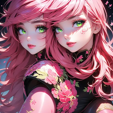 (masterpiece), vector graphics, outline, beautiful detailed eyes, gradient eyes, (green eyes), highres, hyper quality, eyeshadow, eyeliner, pink glossy lipstick, soft makeup, (((black pantyhose))), (pink and red embroidery:1.3), (illustration), beautifully...