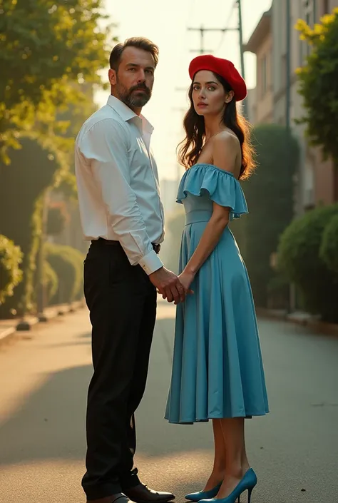 wes anderson style photo, 35mm film, woman dressed in blue dress with blue shoes and red French beret, golden light, serene faces, distinctive noses, cityscape photographer,half body shot, facing camera, beautiful woman, green eyes. Posing. Holding hands o...