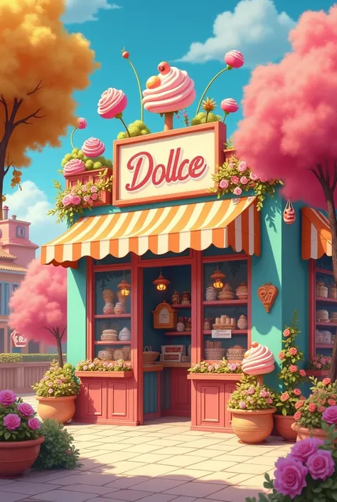 I would like to have an illustration of what my pastry could be, a colorful place, youth, with an old touch. And that it has the name DOLLCE, I just want to see the place