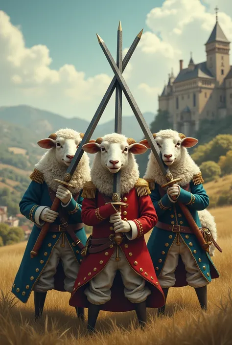 The Three Musketeers as sheep, They should hold three swords crossed above their heads. The sheep should wear uniforms, with the three swords crossed over his head, as musketeers 