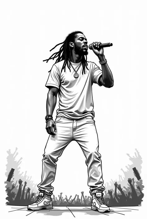 make a drawing of Travis Scott on stage, make the drawing in black and white, make the drawing without color, just the outline, make him with loose dreadlocks and on stage