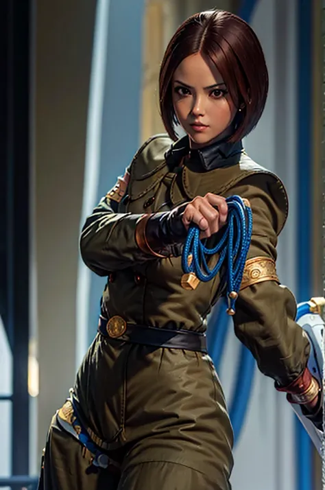 whipms, whip/The King of Fighters, realístico, MASTERPIECE, detailed, perfect face, beautiful, BLUE whip, military uniform, military background 