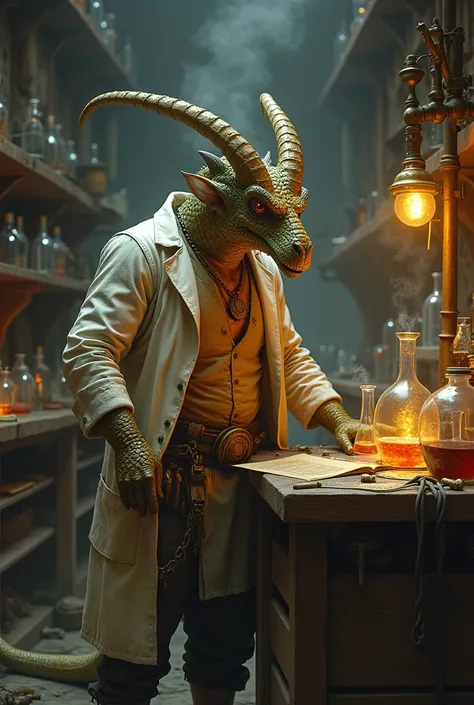 D&D Brass Dragonborn peasant man in a lab coat 
