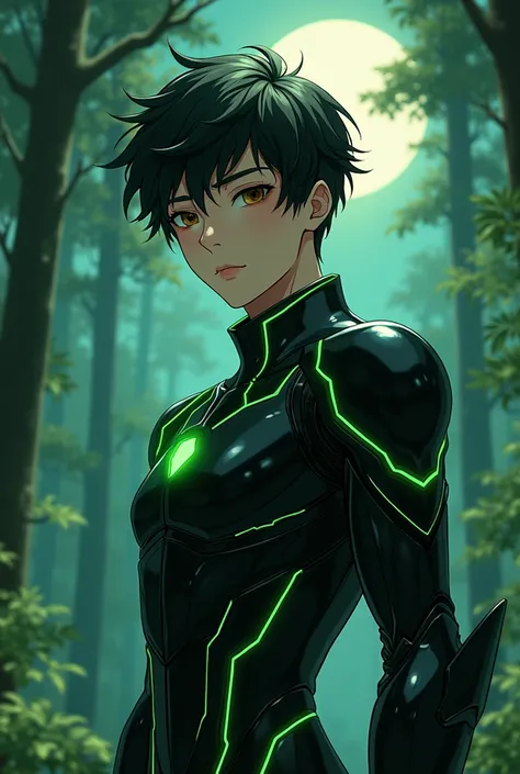 Highest image quality, outstanding details, ultra-high resolution, (realism: 1.4), the best illustration, favor details, highly condensed 1boy, with a delicate and handsome face, dressed in a black and green mecha, the background is a green night forest.